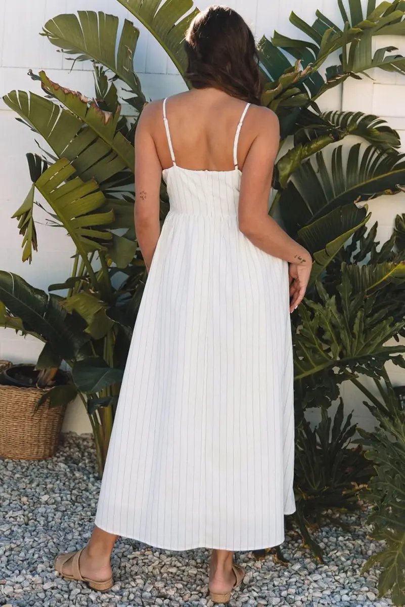 Beige Striped Spaghetti Strap High Waist Maxi Dress with Pockets - Love Salve